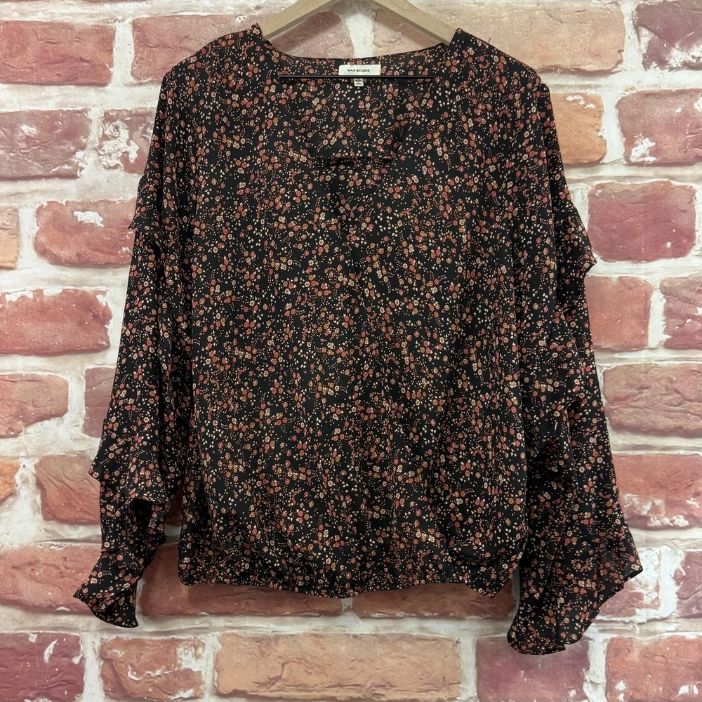 Max Studio Top Women's XL Black Multicolor Chic Ditsy Floral Surplice Wrap Shirt